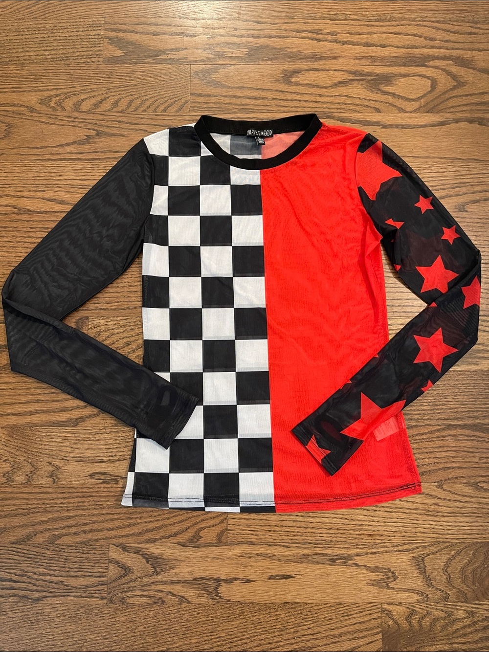 Dolls Kill Current Mood Black, White & Red Checkerboard Star Mesh Top